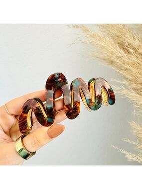 NEW ANTHROPOLOGIE Gold Brown Enamel Tortoise Wave Squiggle Metal Hair Claw Clip